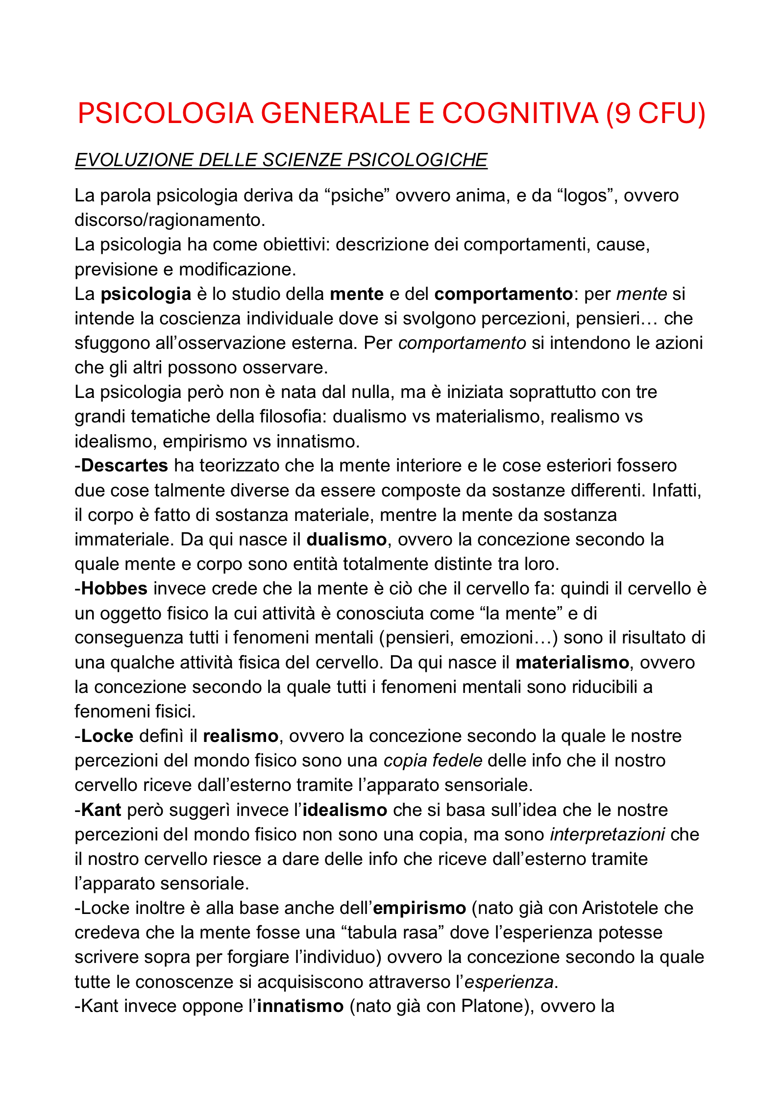 Anteprima degli appunti di Psicologia Generale E Cognitiva
