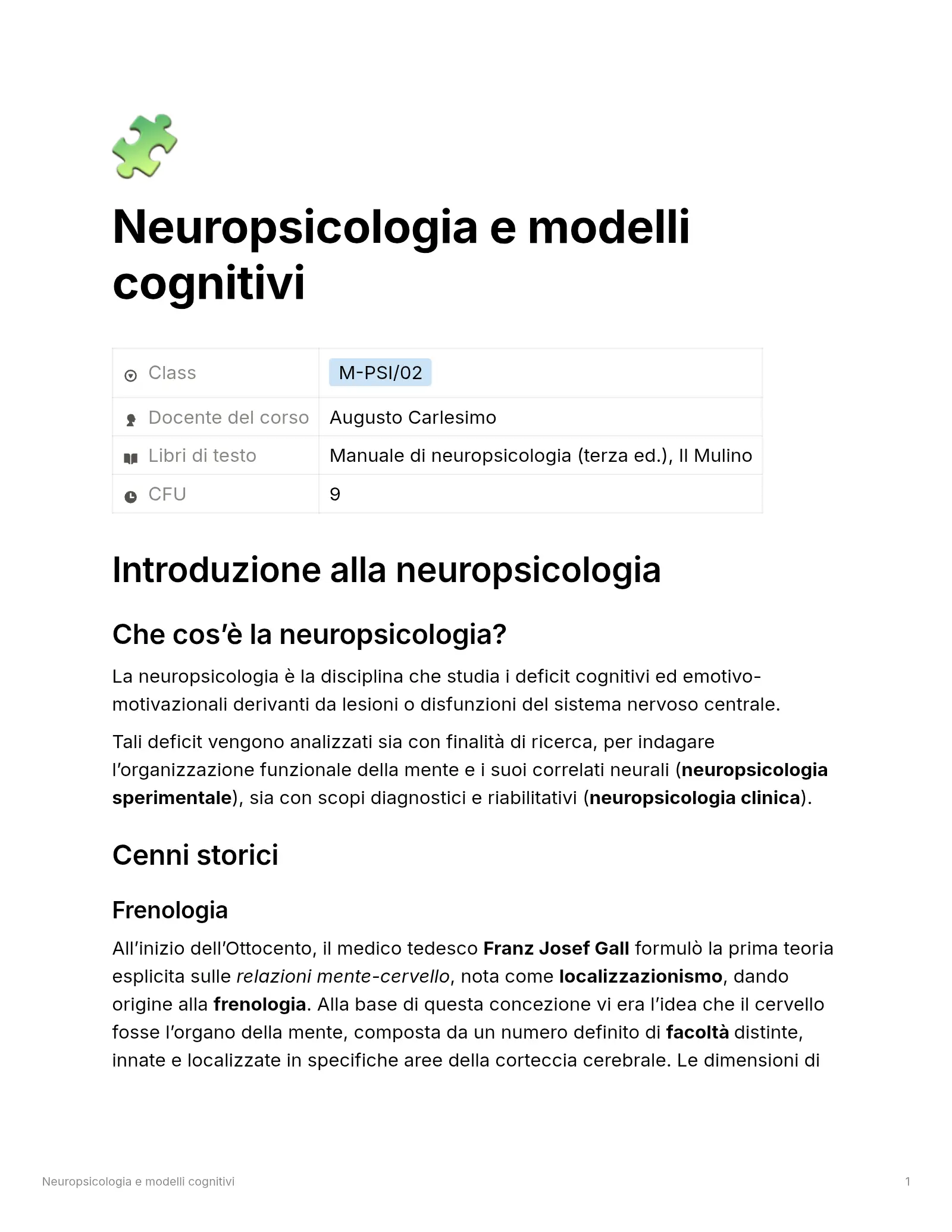 Anteprima degli appunti di Neuropsicologia E Modelli Cognitivi