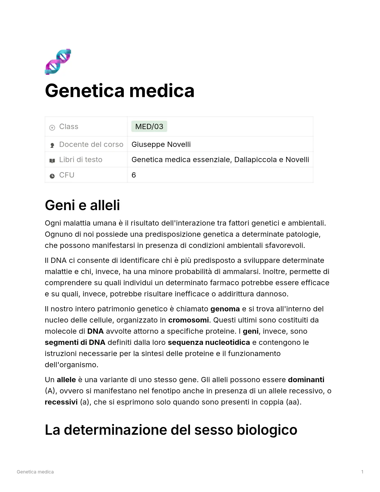 Anteprima degli appunti di Genetica Medica