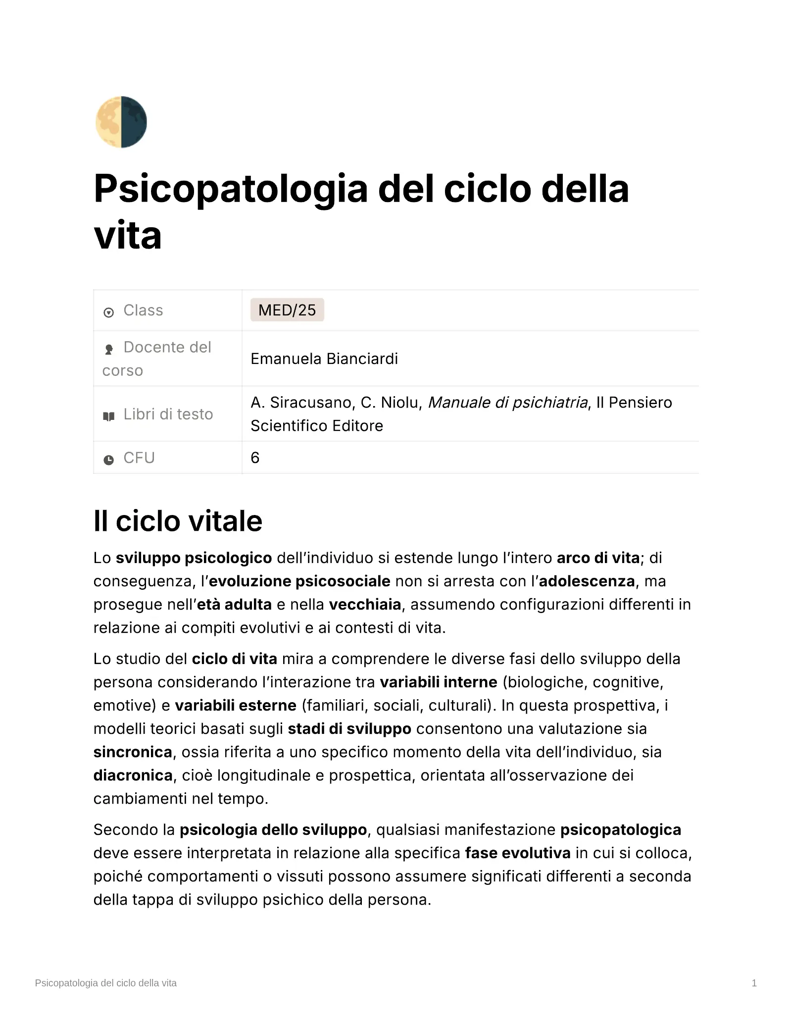 Anteprima degli appunti di Psicopatologia Del Ciclo Della Vita