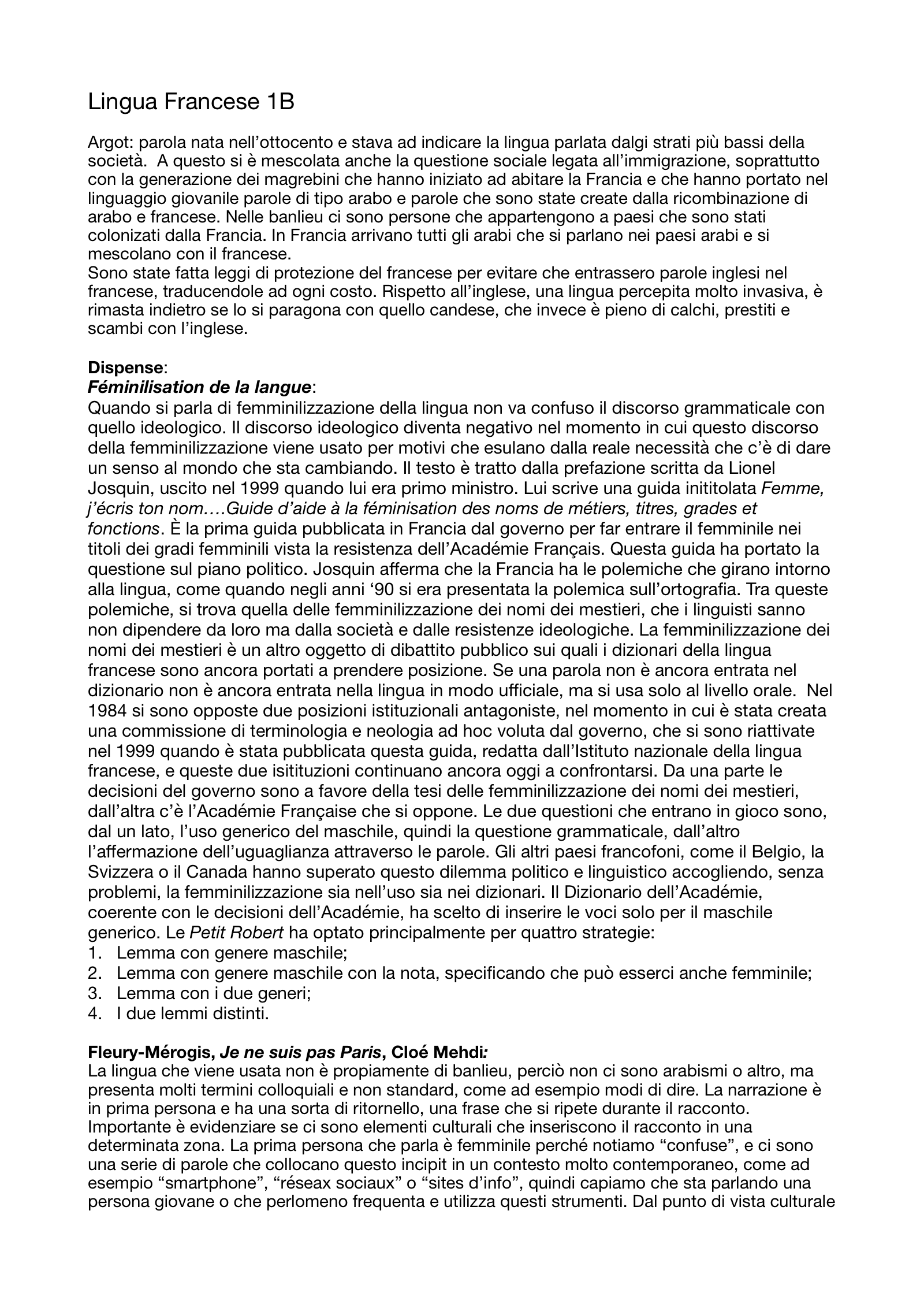 Anteprima degli appunti di Lingua Francese 1