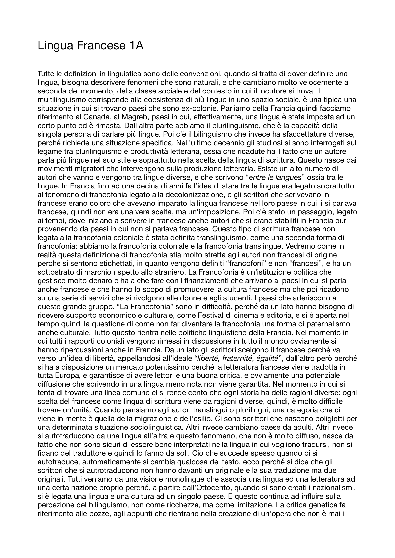 Anteprima degli appunti di Lingua Francese 1