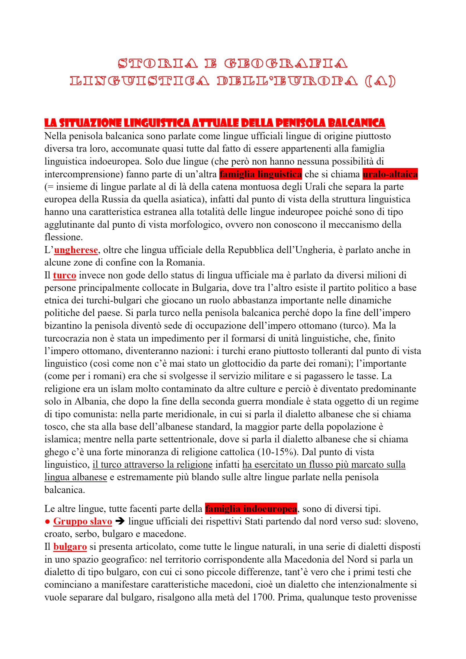 Anteprima degli appunti di Storia E Geografia Linguistica Dell'europa