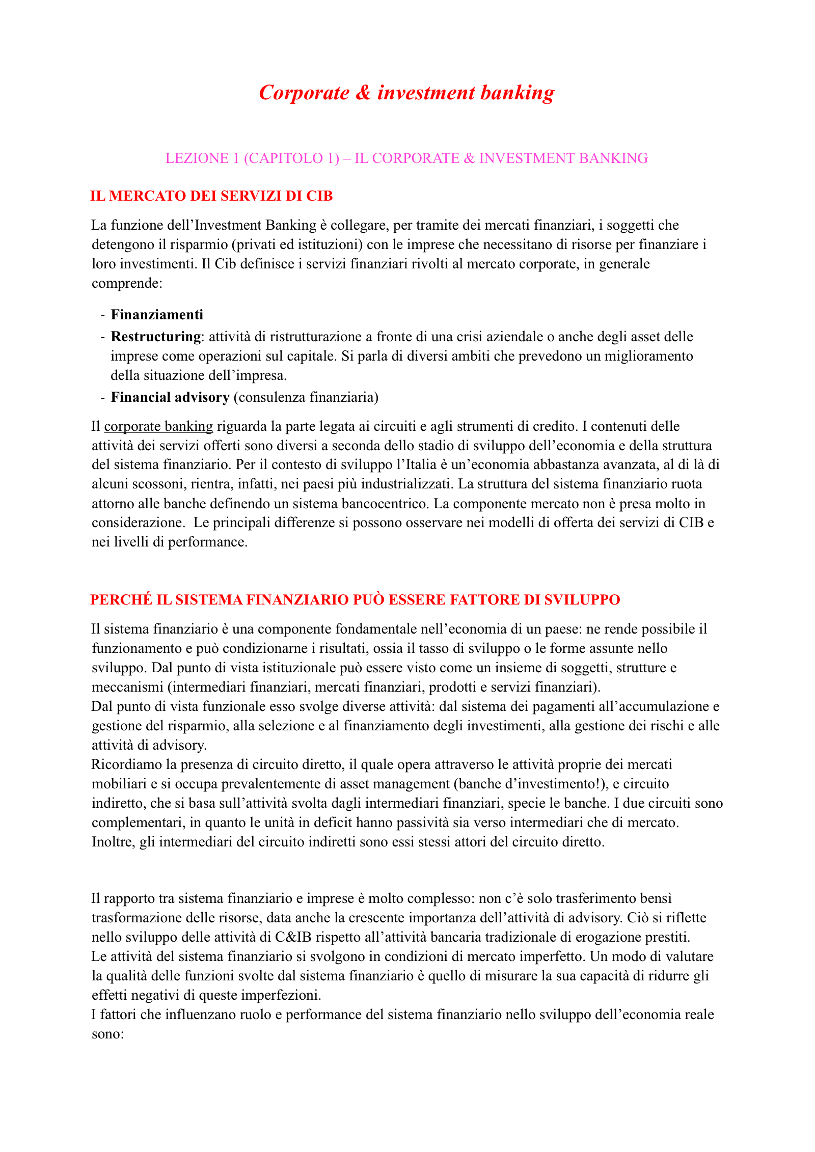 Anteprima degli appunti di Corporate And Investment Banking