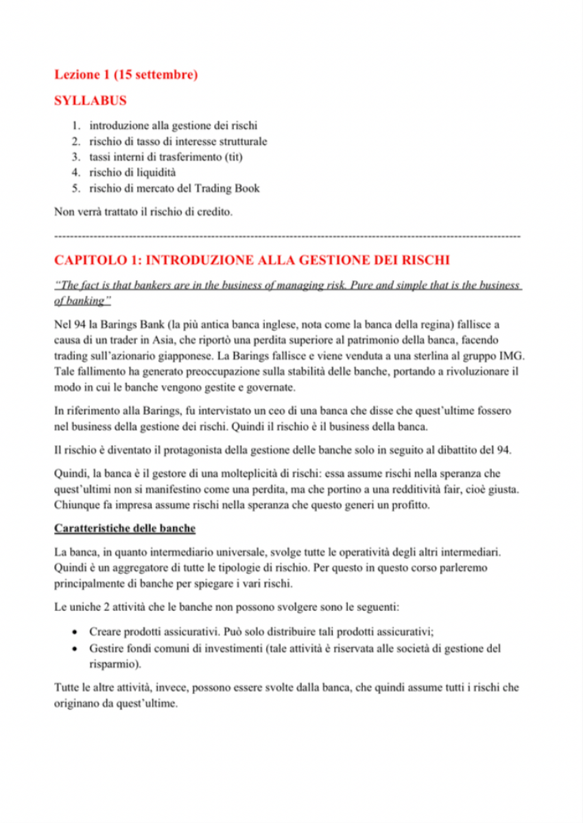 Anteprima degli appunti di Modelli E Tecniche Di Gestione Dei Rischi