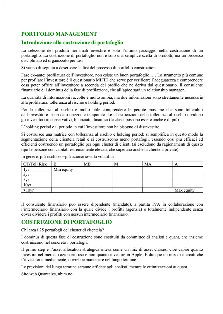 Anteprima degli appunti di Portfolio Management